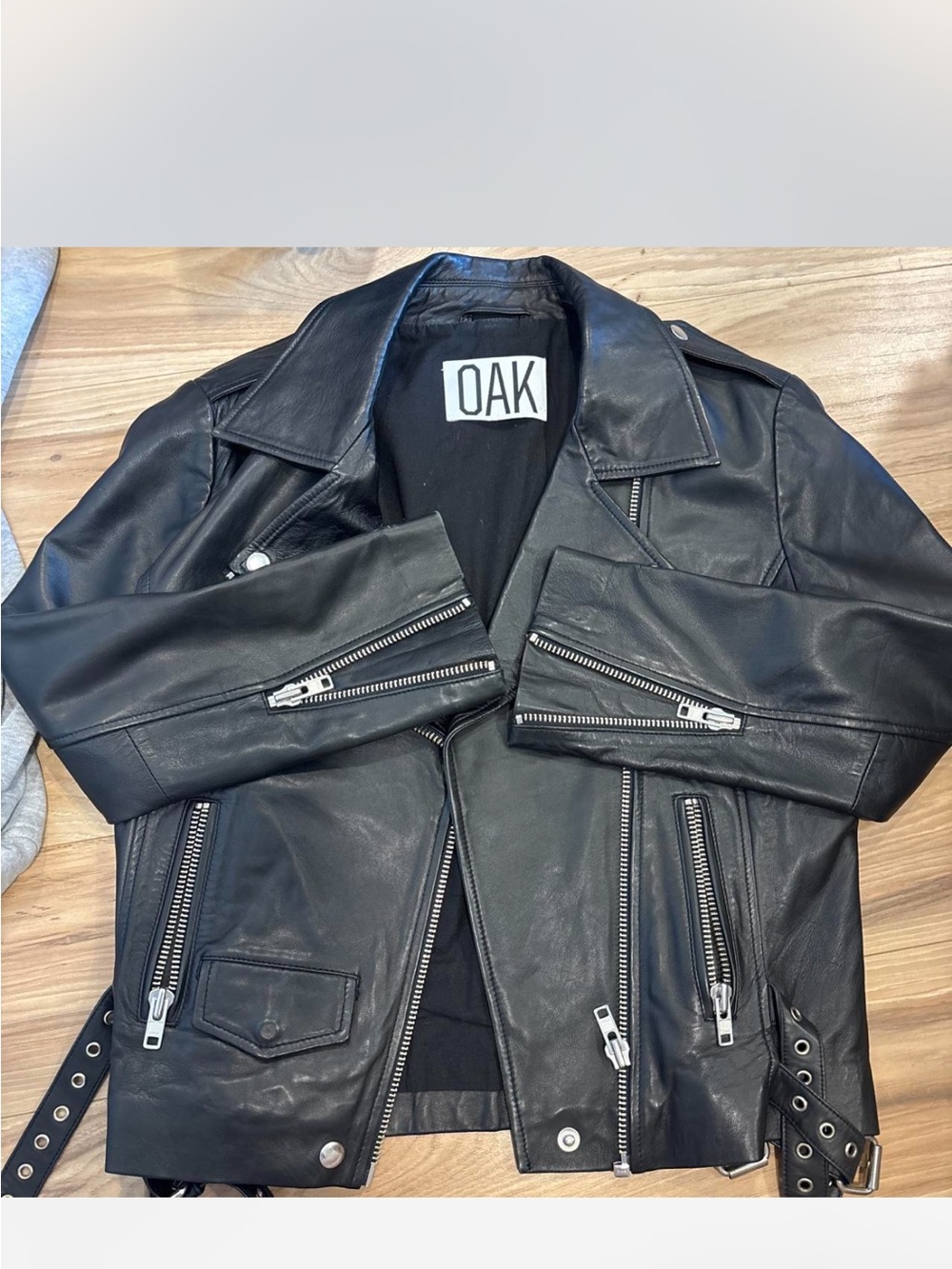 OAK Black Leather Moto Bomber Jacket with Silver Hardware